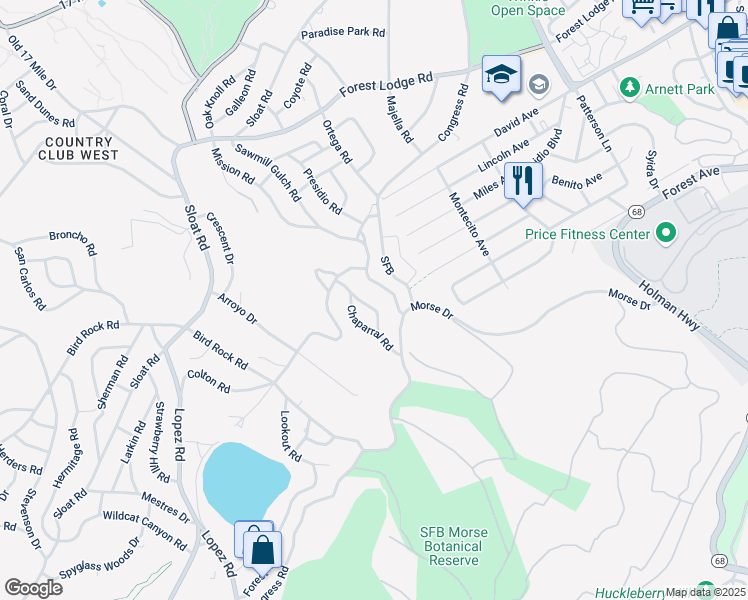 map of restaurants, bars, coffee shops, grocery stores, and more near 1147 Arrowhead Road in Del Monte Forest