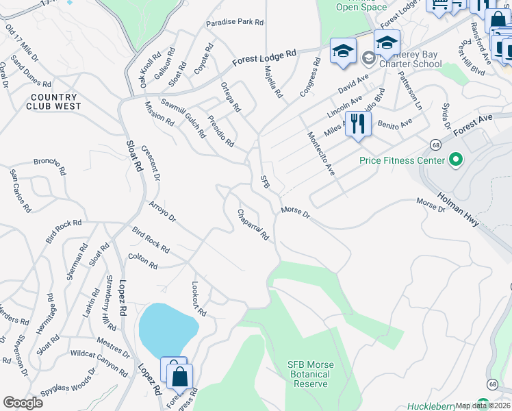 map of restaurants, bars, coffee shops, grocery stores, and more near 1139 Arrowhead Road in Del Monte Forest