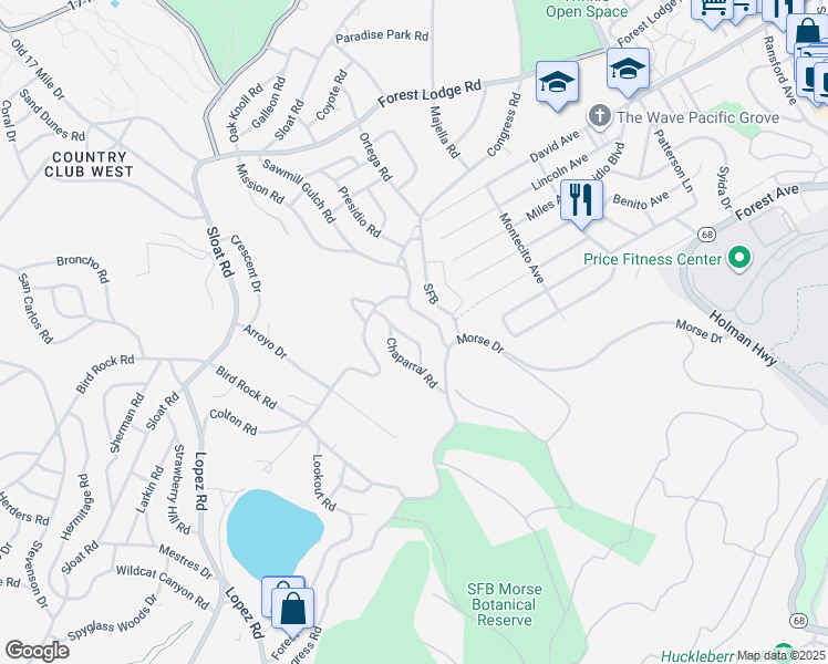 map of restaurants, bars, coffee shops, grocery stores, and more near 1147 Arrowhead Road in Del Monte Forest