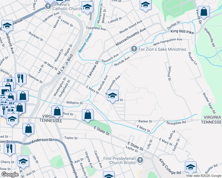 map of restaurants, bars, coffee shops, grocery stores, and more near Suffolk Ave in Bristol