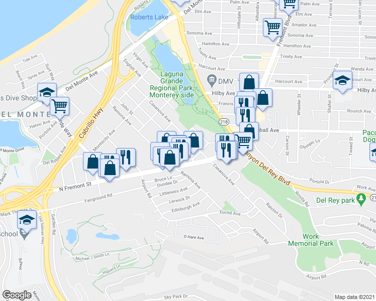 map of restaurants, bars, coffee shops, grocery stores, and more near 559 Hannon Avenue in Monterey
