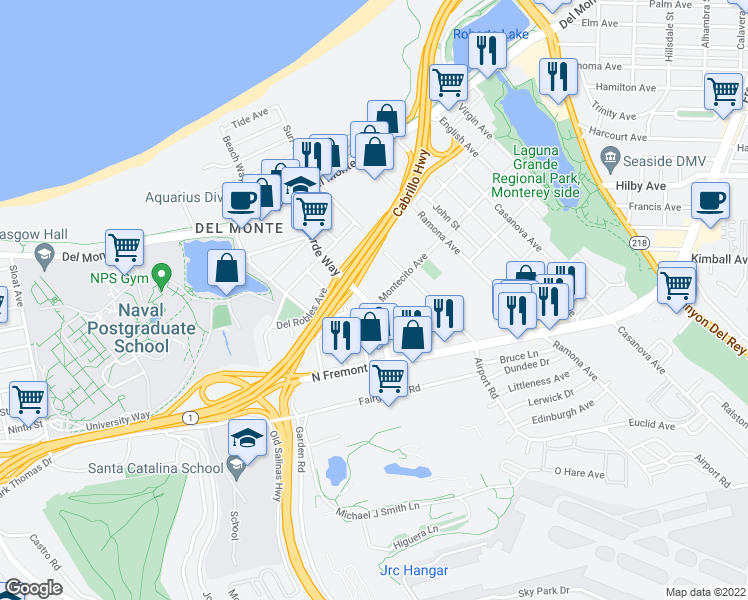 map of restaurants, bars, coffee shops, grocery stores, and more near 115 Montecito Avenue in Monterey