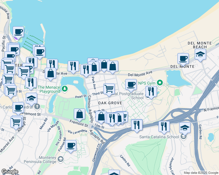 map of restaurants, bars, coffee shops, grocery stores, and more near 1250 Second Street in Monterey