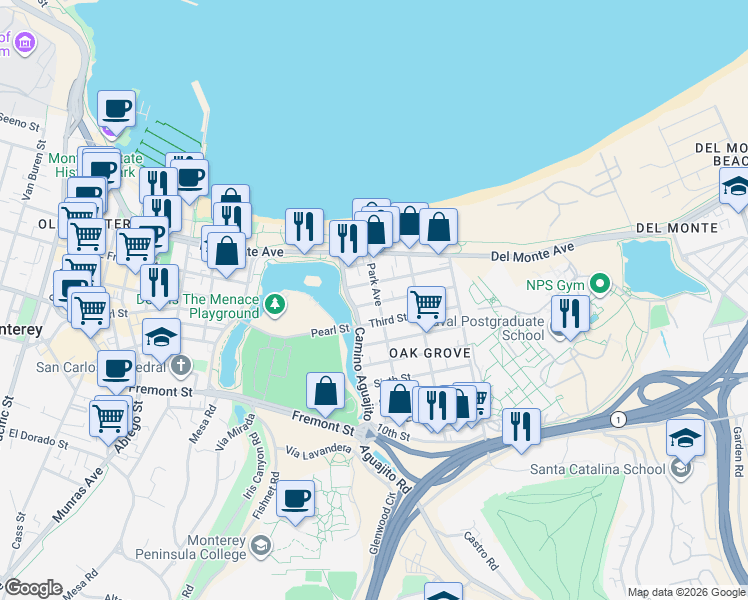map of restaurants, bars, coffee shops, grocery stores, and more near 1072 First Street in Monterey