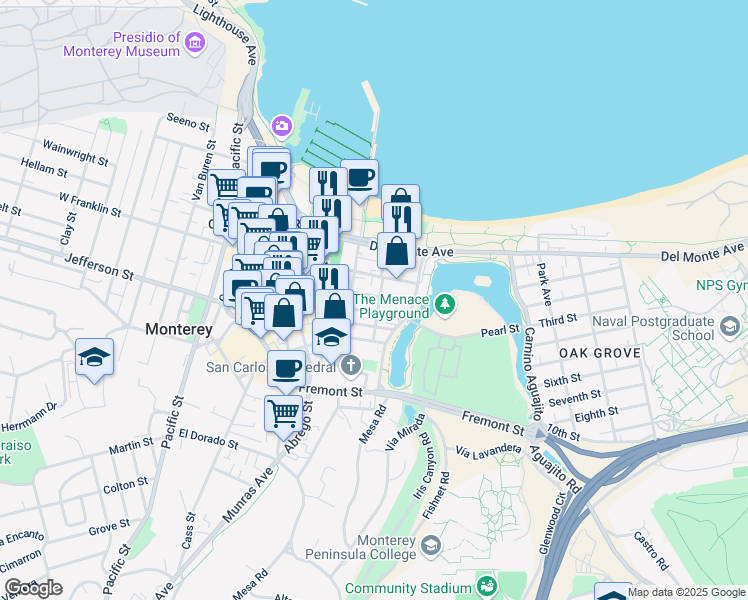 map of restaurants, bars, coffee shops, grocery stores, and more near 447 Anthony Street in Monterey