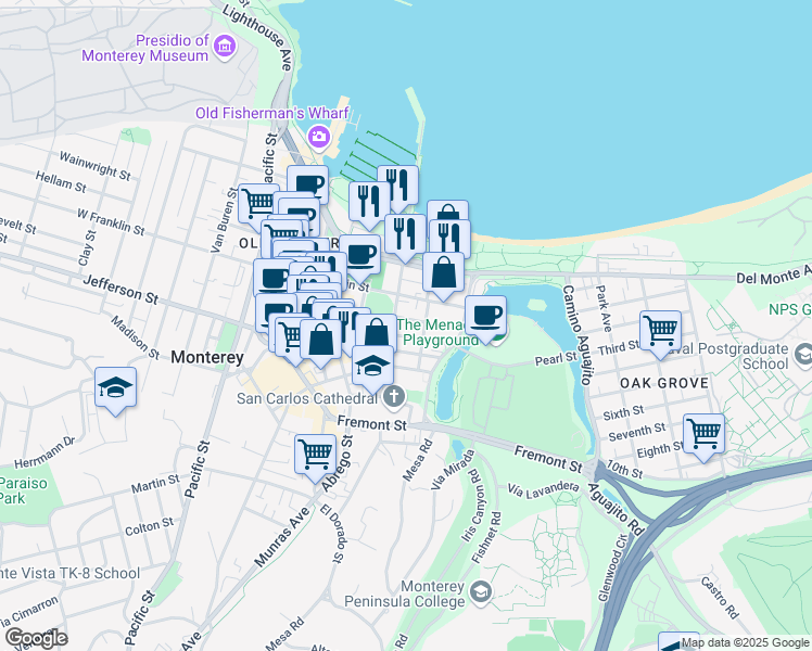 map of restaurants, bars, coffee shops, grocery stores, and more near 447 Anthony Street in Monterey