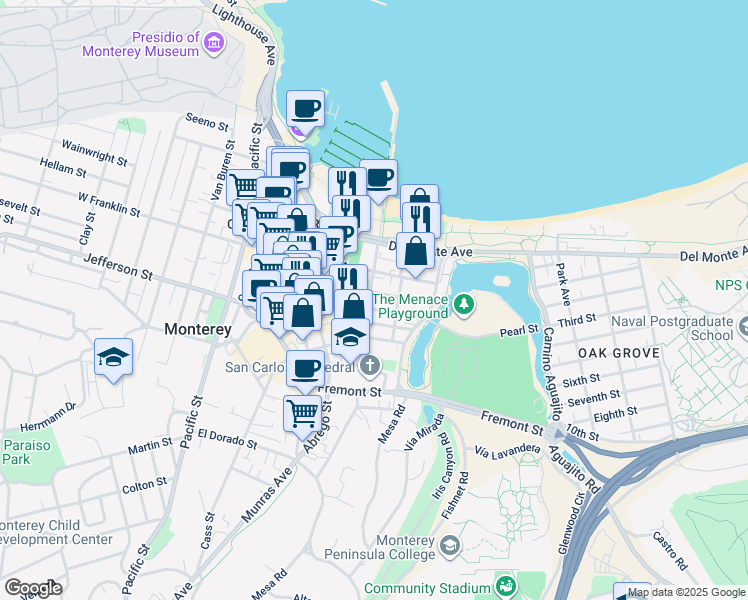 map of restaurants, bars, coffee shops, grocery stores, and more near 447 Anthony Street in Monterey