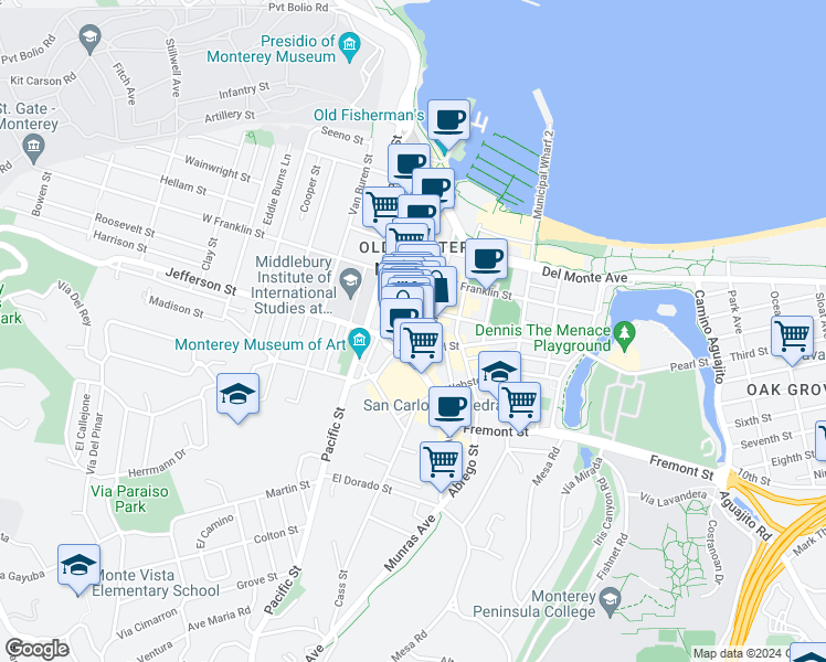 map of restaurants, bars, coffee shops, grocery stores, and more near 459 Alvarado Street in Monterey