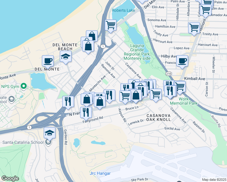 map of restaurants, bars, coffee shops, grocery stores, and more near 451 Dela Vina Avenue in Monterey