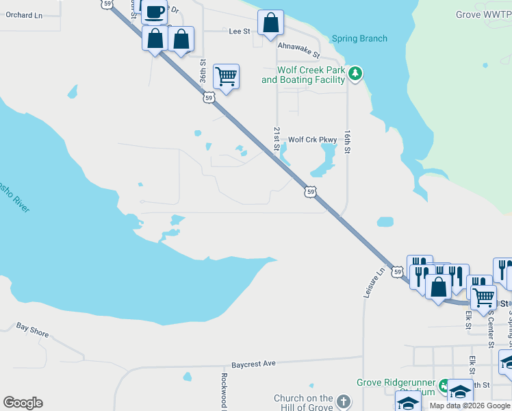 map of restaurants, bars, coffee shops, grocery stores, and more near 1803 Estates Drive in Grove
