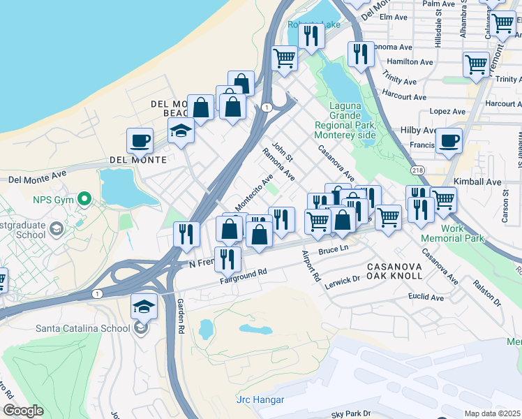 map of restaurants, bars, coffee shops, grocery stores, and more near 420 Dela Vina Avenue in Monterey