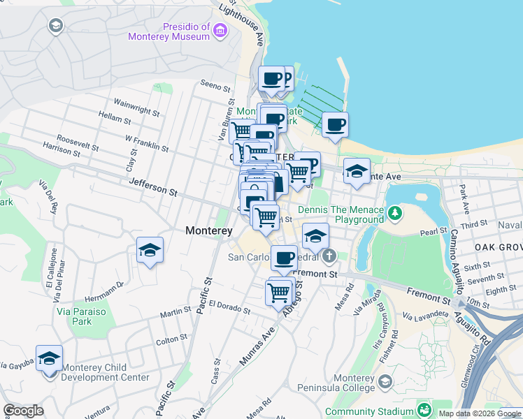 map of restaurants, bars, coffee shops, grocery stores, and more near 469 Alvarado Street in Monterey