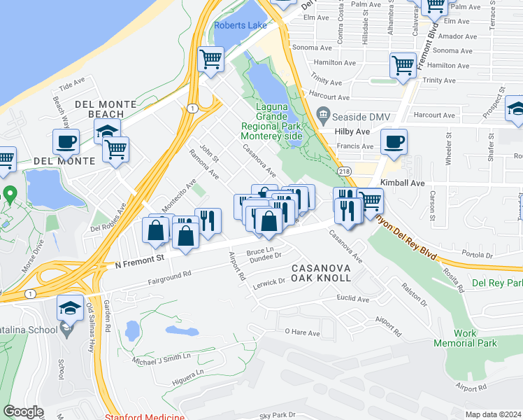 map of restaurants, bars, coffee shops, grocery stores, and more near 521 Ramona Avenue in Monterey