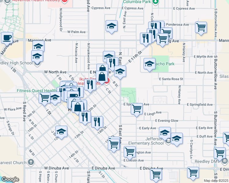 map of restaurants, bars, coffee shops, grocery stores, and more near 1236 12th Street in Reedley
