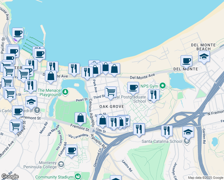 map of restaurants, bars, coffee shops, grocery stores, and more near 1250 Second Street in Monterey