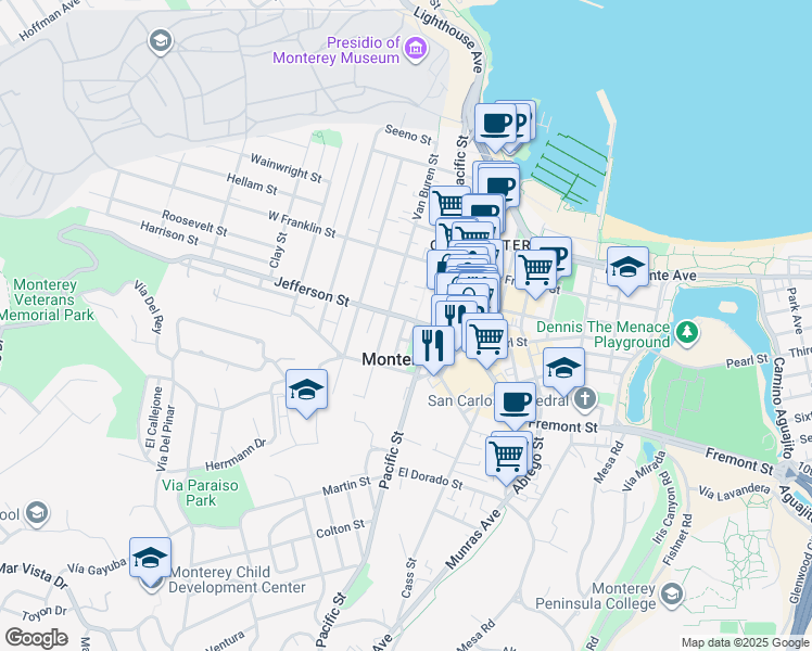 map of restaurants, bars, coffee shops, grocery stores, and more near 507 Dutra Street in Monterey