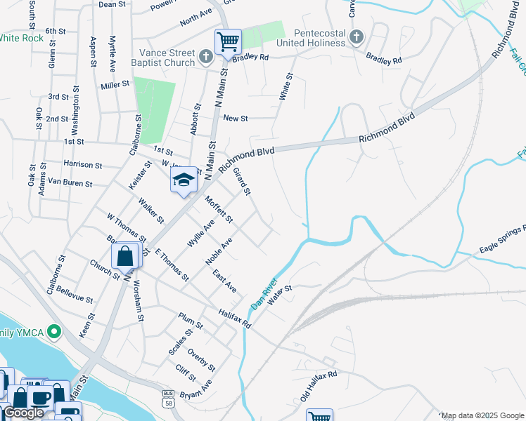 map of restaurants, bars, coffee shops, grocery stores, and more near 301 Girard Street in Danville