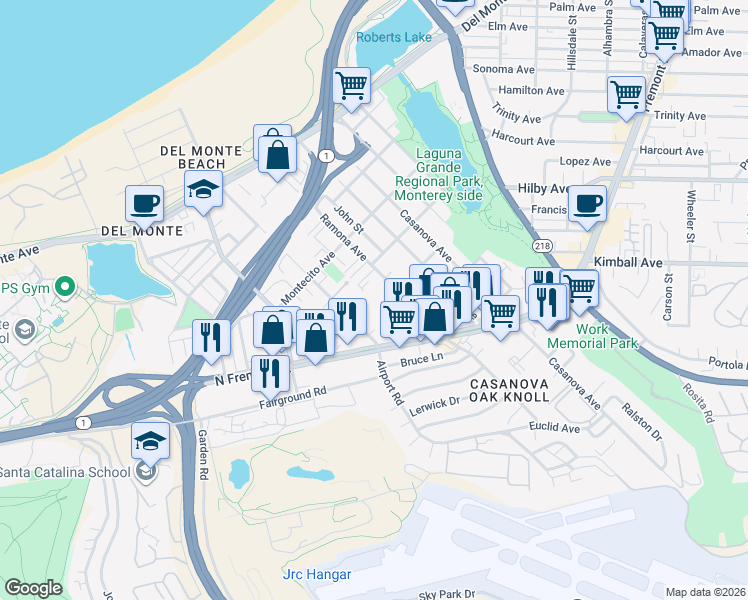 map of restaurants, bars, coffee shops, grocery stores, and more near 460 Ramona Avenue in Monterey