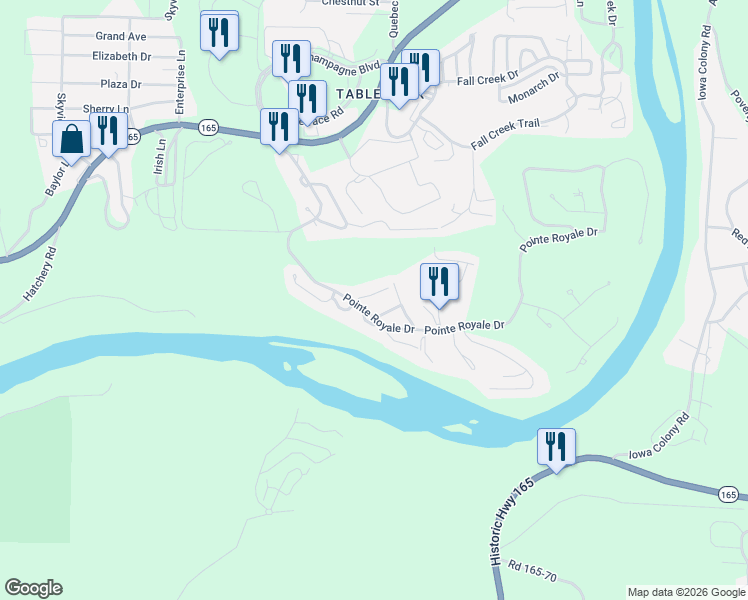 map of restaurants, bars, coffee shops, grocery stores, and more near 100 Berms Circle in Branson