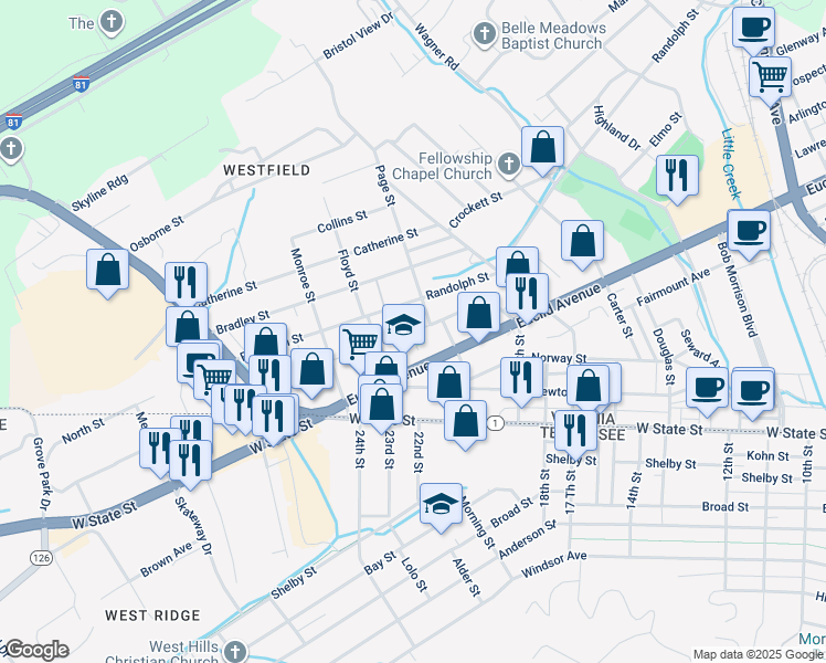 map of restaurants, bars, coffee shops, grocery stores, and more near 2085 Lawrence Ave in Bristol