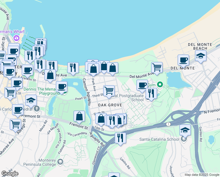 map of restaurants, bars, coffee shops, grocery stores, and more near 1250 Second Street in Monterey