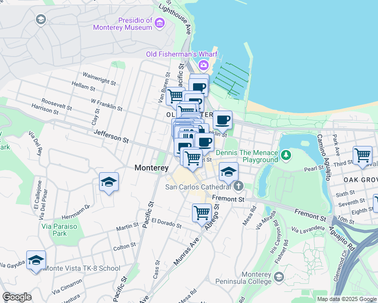 map of restaurants, bars, coffee shops, grocery stores, and more near 459 Alvarado Street in Monterey