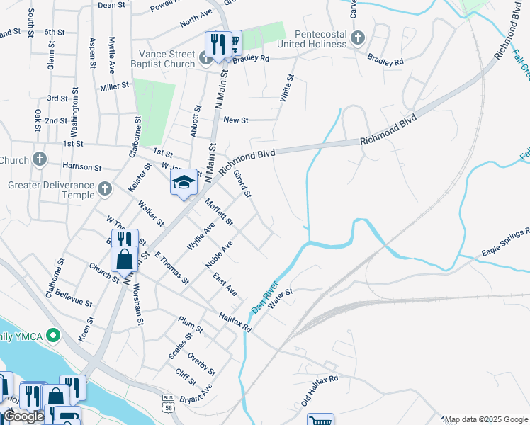 map of restaurants, bars, coffee shops, grocery stores, and more near 301 Girard Street in Danville