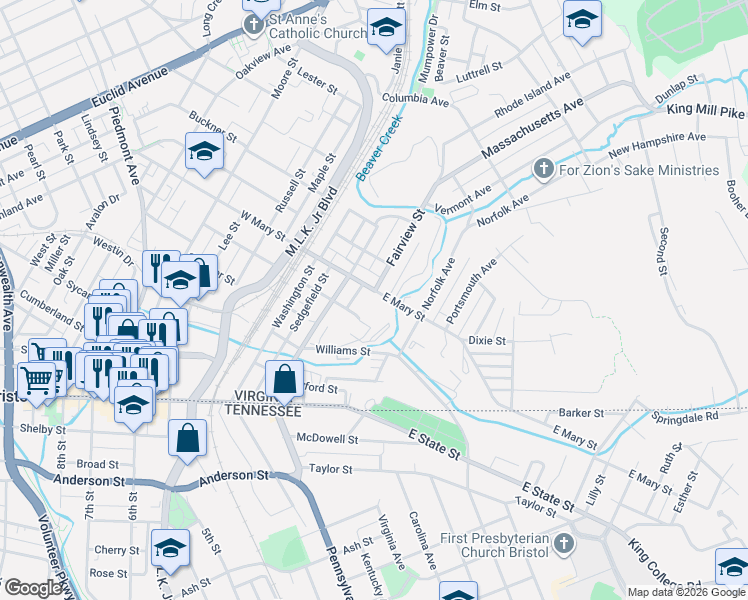 map of restaurants, bars, coffee shops, grocery stores, and more near 112 E Mary St in Bristol