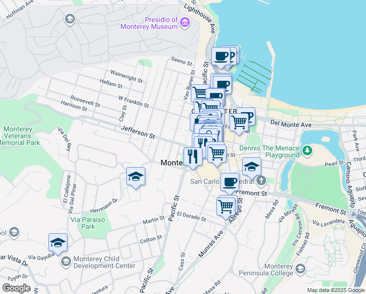 map of restaurants, bars, coffee shops, grocery stores, and more near 507 Dutra Street in Monterey
