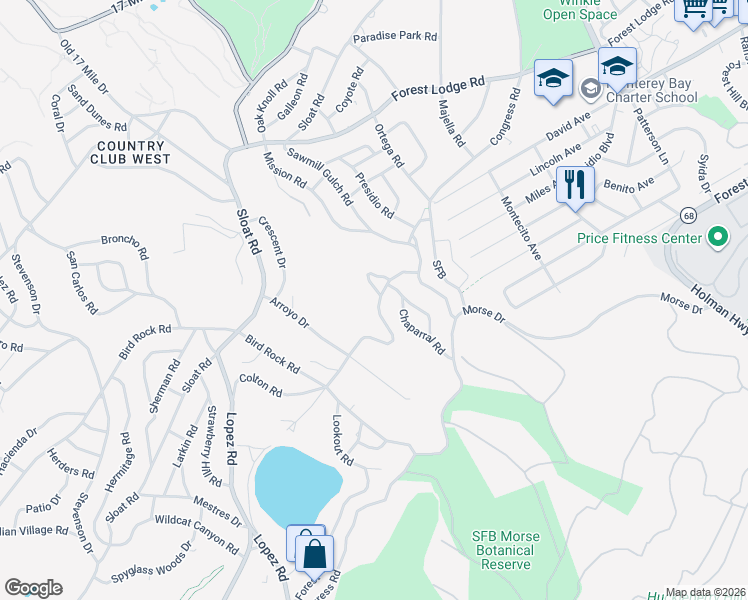 map of restaurants, bars, coffee shops, grocery stores, and more near 2914 Colton Road in Del Monte Forest