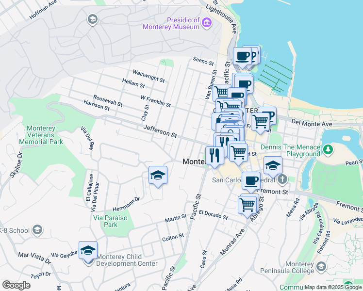 map of restaurants, bars, coffee shops, grocery stores, and more near 527 Larkin Street in Monterey