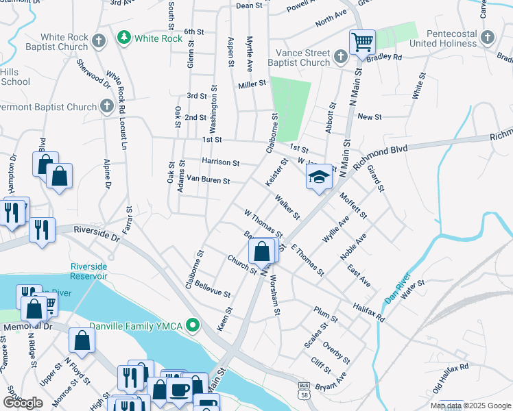 map of restaurants, bars, coffee shops, grocery stores, and more near 817 Clay Street in Danville