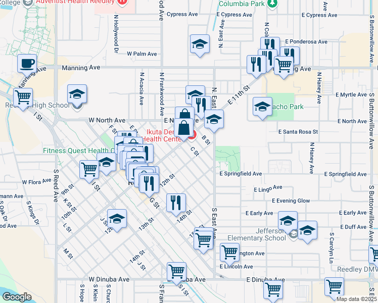 map of restaurants, bars, coffee shops, grocery stores, and more near 1131 C Street in Reedley