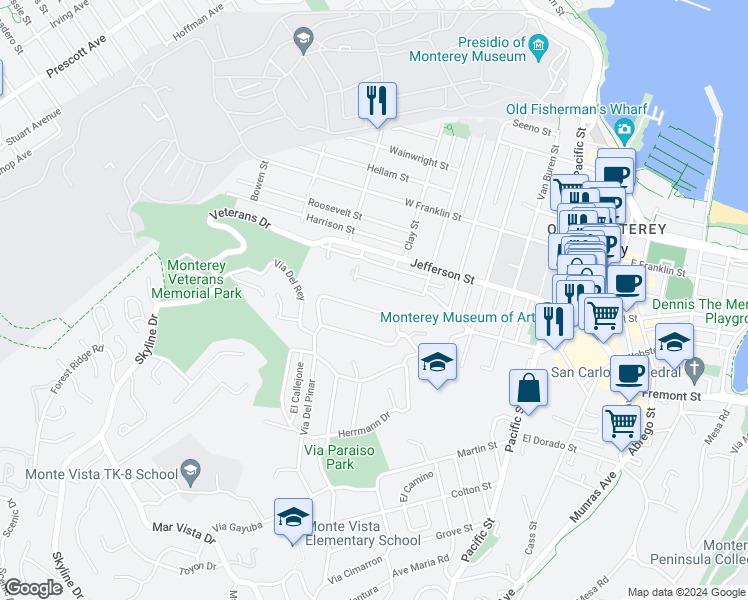 map of restaurants, bars, coffee shops, grocery stores, and more near 20 El Caminito Del Norte in Monterey