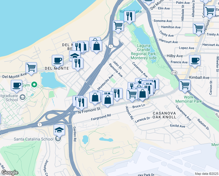 map of restaurants, bars, coffee shops, grocery stores, and more near 420 Dela Vina Avenue in Monterey