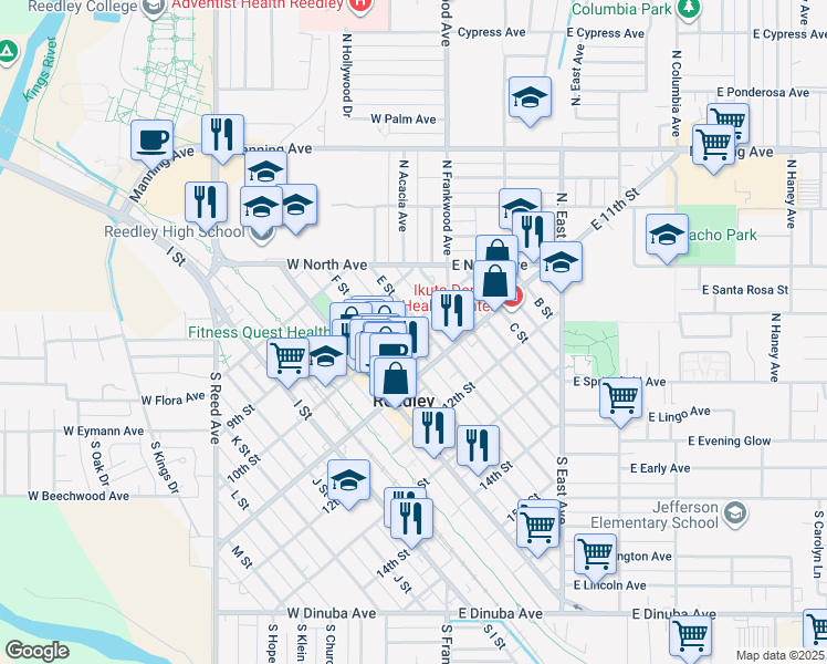 map of restaurants, bars, coffee shops, grocery stores, and more near 1024 E Street in Reedley