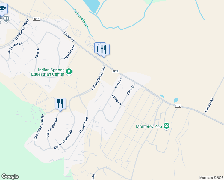 map of restaurants, bars, coffee shops, grocery stores, and more near 22075 Berry Drive in Salinas