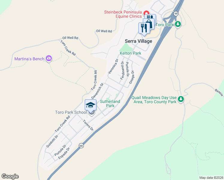 map of restaurants, bars, coffee shops, grocery stores, and more near 22314 Montera Drive in Salinas