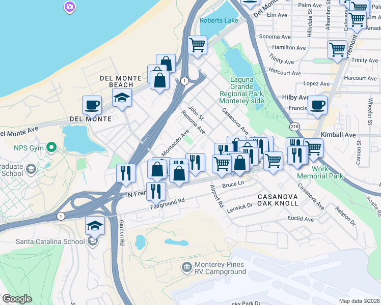 map of restaurants, bars, coffee shops, grocery stores, and more near 451 Dela Vina Avenue in Monterey
