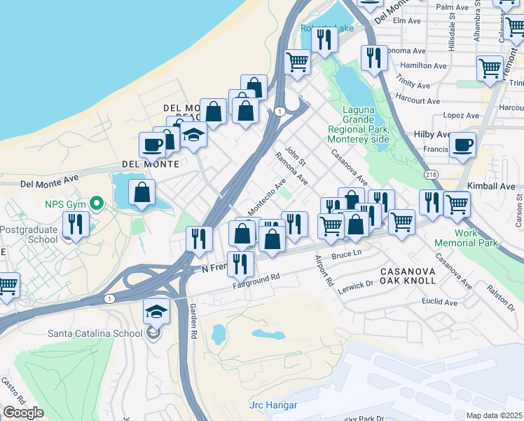 map of restaurants, bars, coffee shops, grocery stores, and more near 115 Montecito Avenue in Monterey