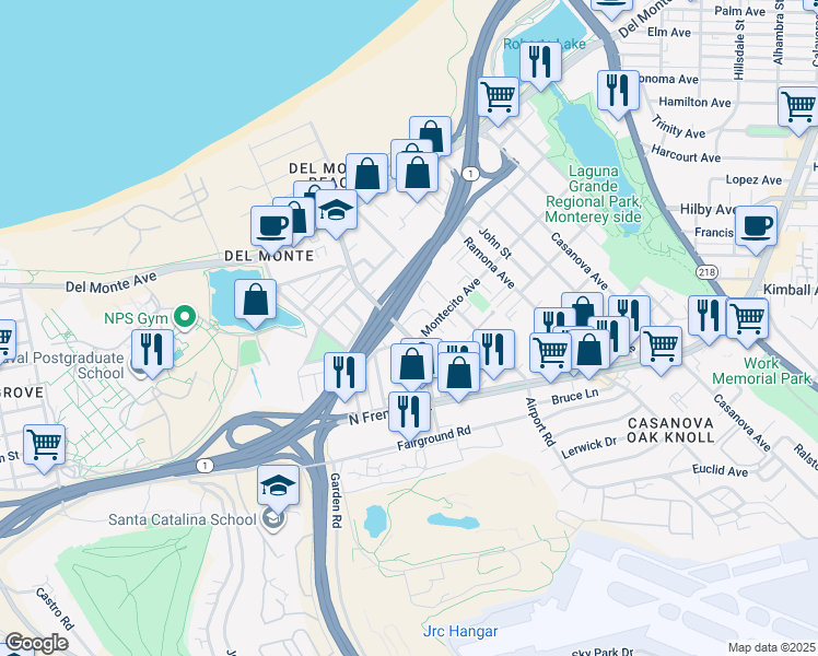 map of restaurants, bars, coffee shops, grocery stores, and more near 115 Montecito Avenue in Monterey