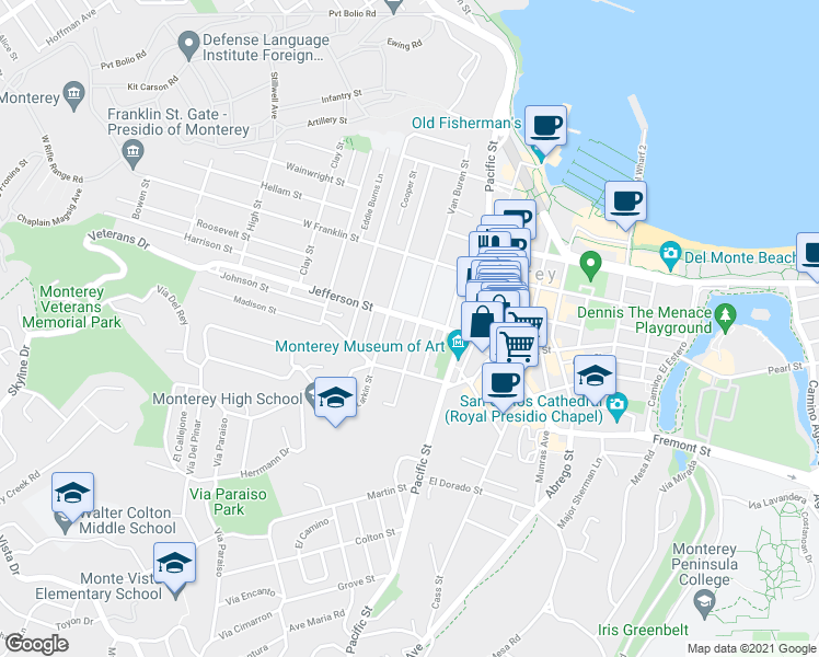 map of restaurants, bars, coffee shops, grocery stores, and more near 526 Union Street in Monterey
