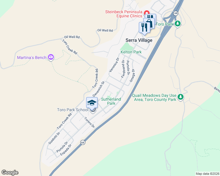 map of restaurants, bars, coffee shops, grocery stores, and more near 22314 Montera Drive in Salinas