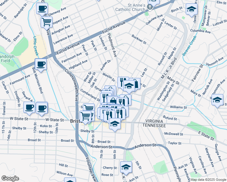map of restaurants, bars, coffee shops, grocery stores, and more near 217 Johnson Street in Bristol