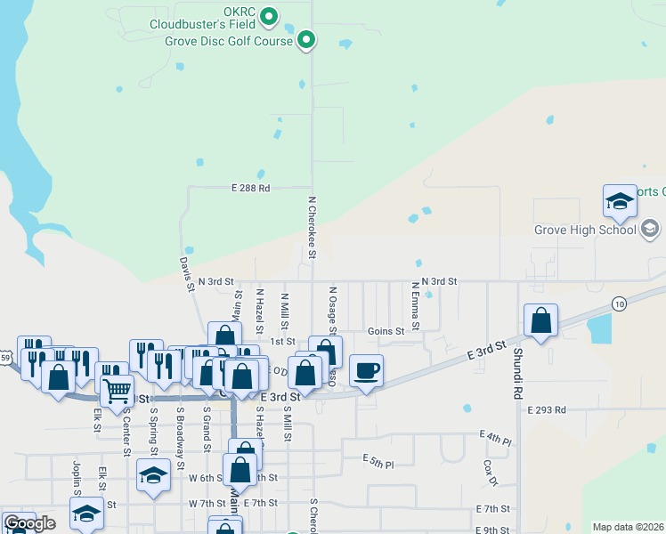 map of restaurants, bars, coffee shops, grocery stores, and more near 307 North 3rd Street in Grove