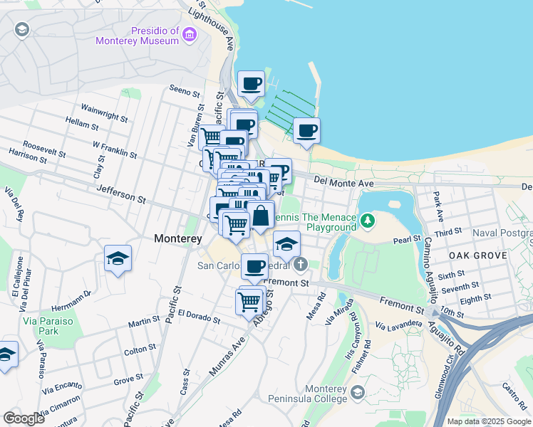 map of restaurants, bars, coffee shops, grocery stores, and more near 300 Bonifacio Pl in Monterey