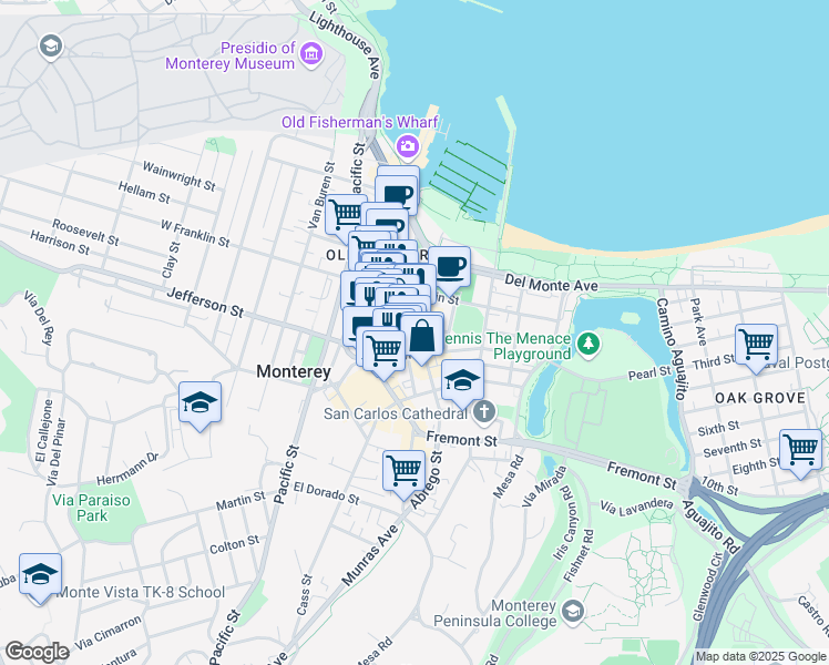 map of restaurants, bars, coffee shops, grocery stores, and more near 456 Washington Street in Monterey
