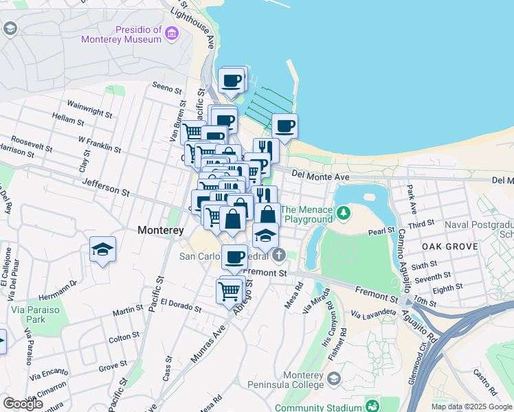 map of restaurants, bars, coffee shops, grocery stores, and more near 451 Adams St in Monterey