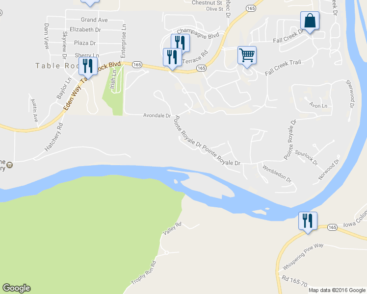 map of restaurants, bars, coffee shops, grocery stores, and more near 181 Devonshire Drive in Branson