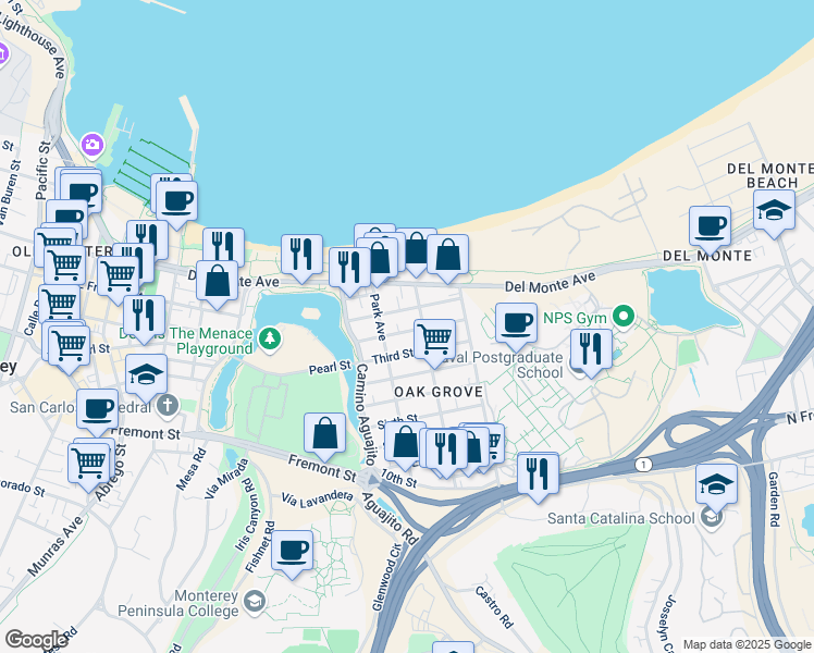 map of restaurants, bars, coffee shops, grocery stores, and more near 1173 Second Street in Monterey